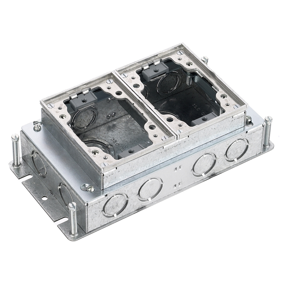 Flush Concrete Floor Box Series, 2-Gang, Rectangular, Galvanized Stamped Steel Box, Shallow, Fully Adjustable, Aluminum Top