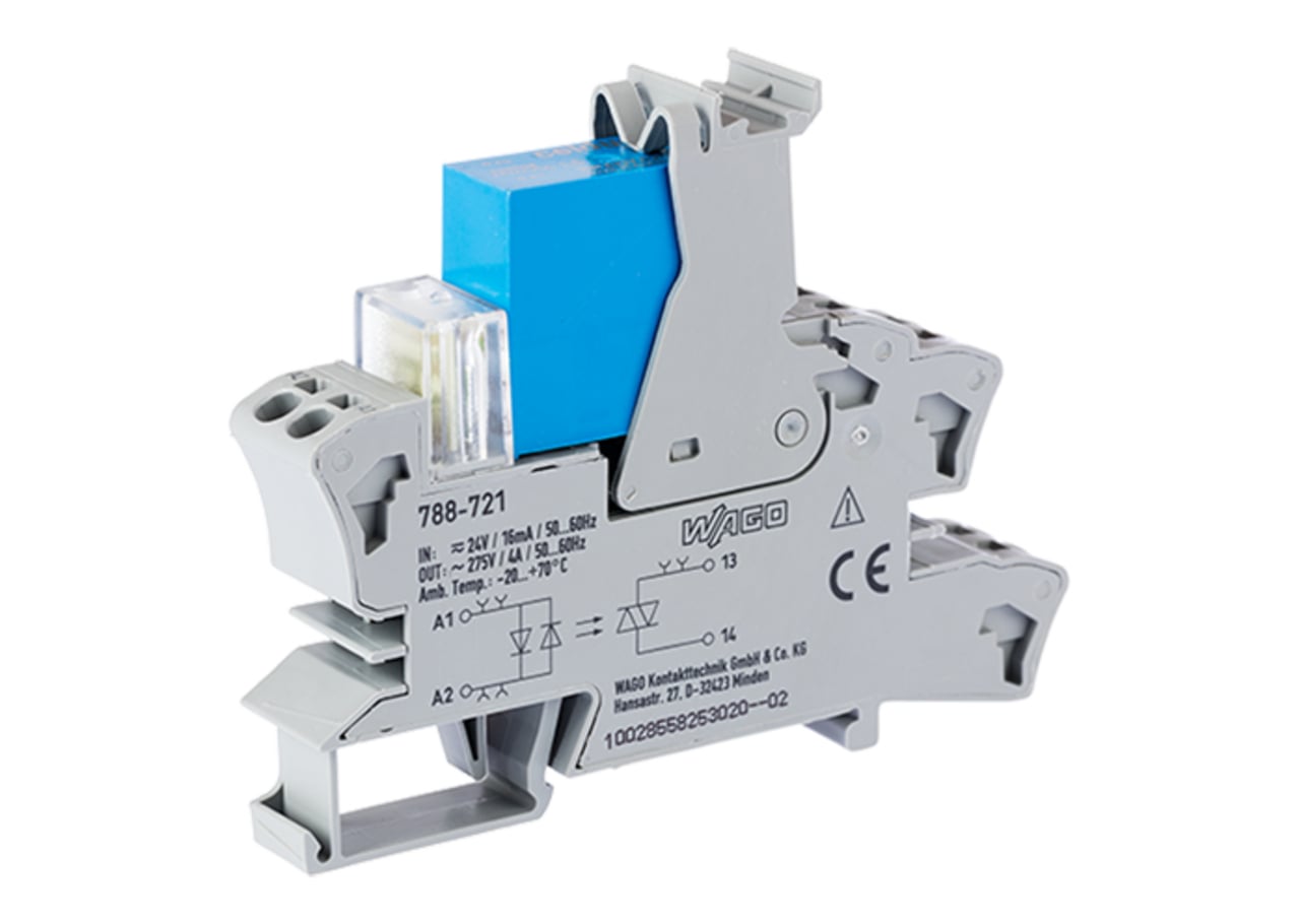 Solid-state relay module; Nominal input voltage: 24 V AC/DC; Output voltage range: 24  230 VAC; Limiting continuous current: 4 A; 2-wire connection; zero-cross switching; Red status indicator; Module width: 15 mm; gray