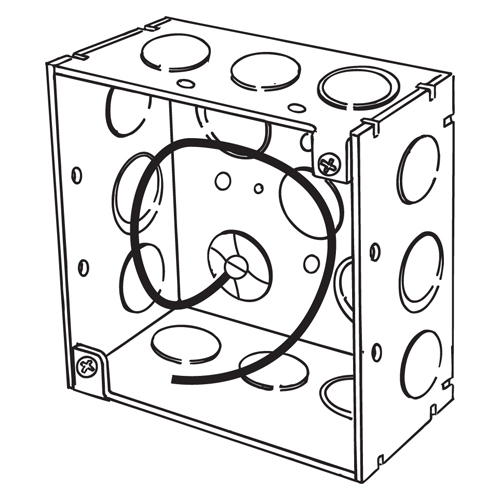 Boxes, General Purpose, Square, Appleton, Type: 4" with knockouts, 2-1/8" Deep, Welded, with green ground wire, Volume: 30.3 Cubic Inch, Sides Knockout: 8@1/2", 4@ Eccentric KO, Bottom knockout: 2@1/2", 2@ Eccentric KO, UL Standard: 514A, UL Listed: E2527