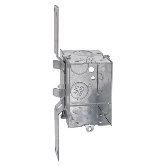 Gangable Switch Box, 12.5 Cubic Inches, 3 Inches Long x 2 Inches Wide x 2-1/2 Inches Deep, 1/2 Inch Knockouts, Pre-Galvanized Steel, Beveled Corners and CV Bracket Recessed 7/8 Inches, For use with Conduit