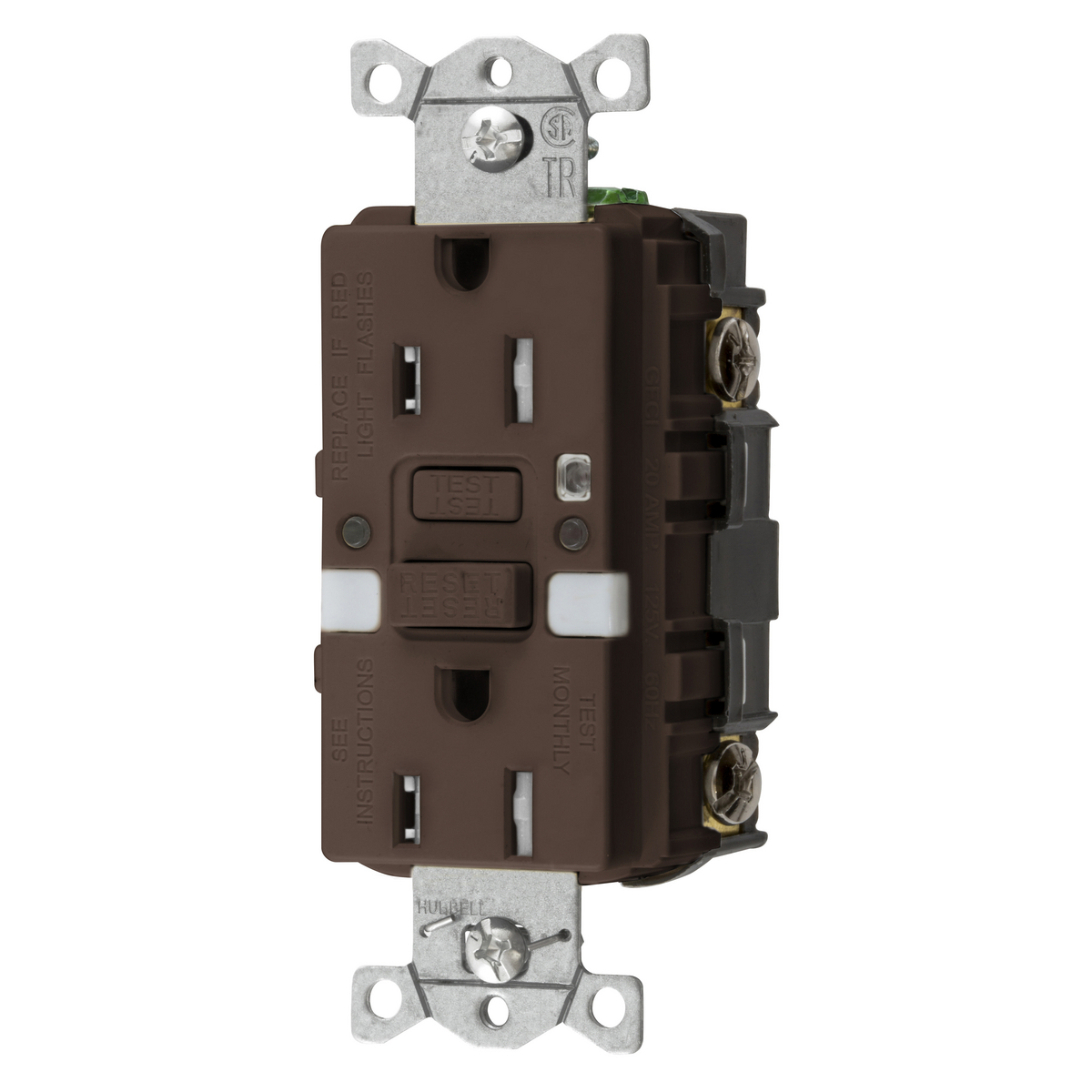Power Protection Products, Receptacles, GFCI, Commercial Grade, Self Test, 15A 125V, 2-Pole 3-Wire Grounding, 5- 15R, With Nightlight, Brown