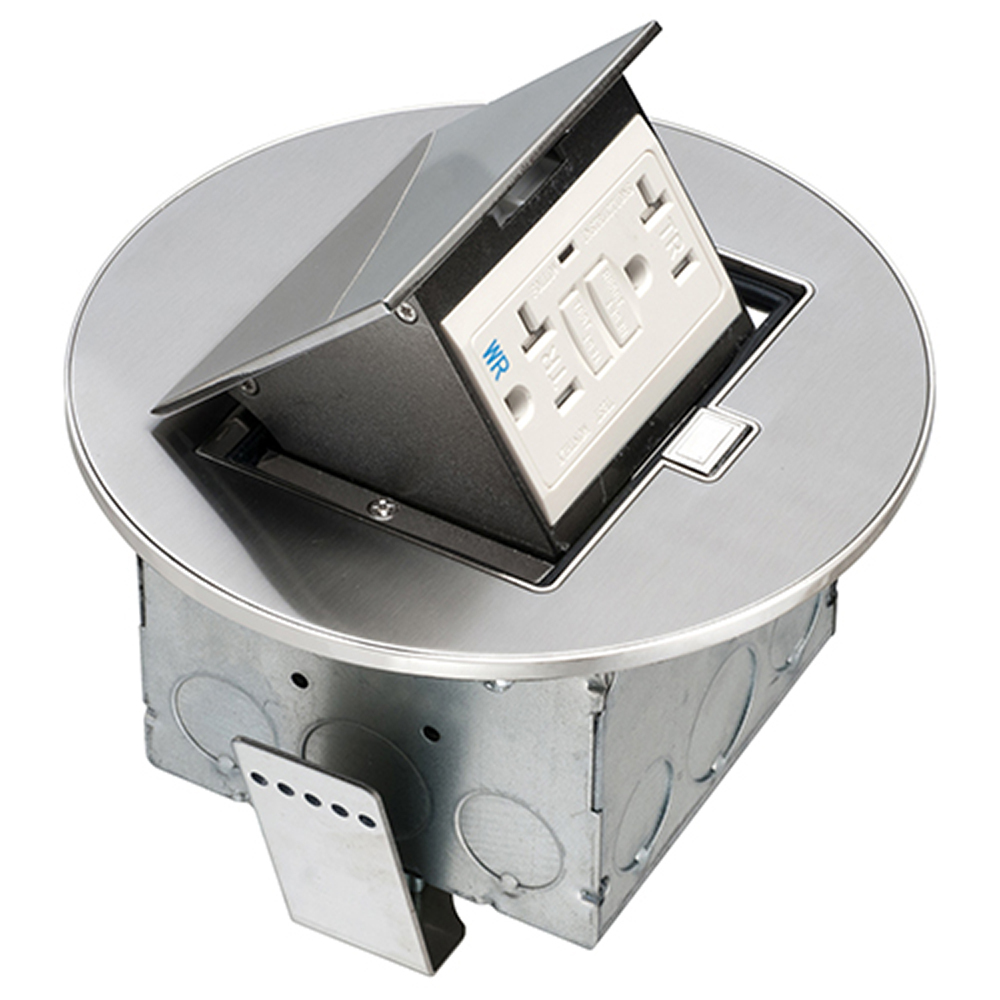 Round stainless steel counter top box. Comes with a 20 amp tamper and weather resistant decorator style GFCI receptacle.