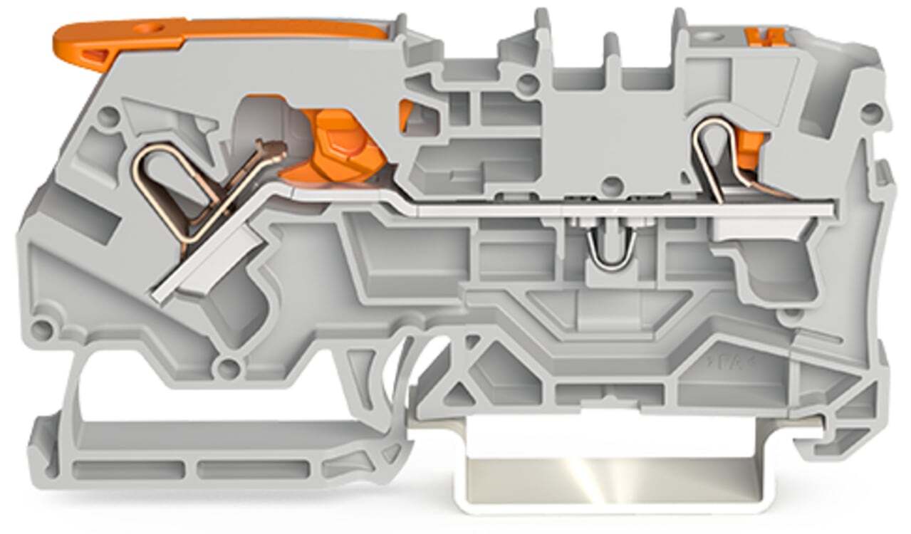 2-conductor through terminal block; with lever and push-button; 4 mm; with test port; side and center marking; for DIN-rail 35 x 15 and 35 x 7.5; Push-in CAGE CLAMP; 4,00 mm; gray