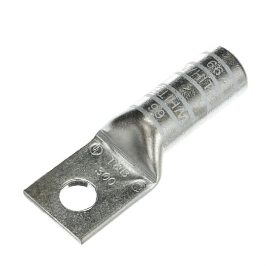 Copper One-Hole Lug, Long Barrel, Blind End, Max 35kV, Wire Size 300 kcmil, 1/2 Inch Bolt Size, Tin Plated, Die Code 66, Die Color Code White