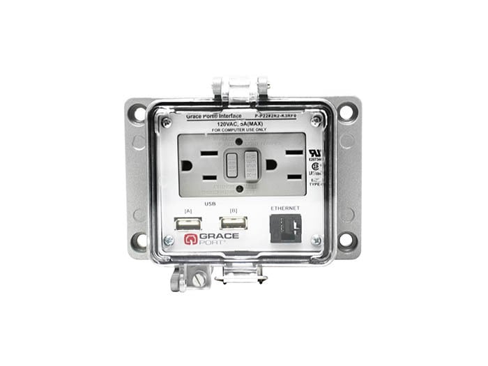 PANEL INTERFACE CONNECTOR WITH CATEGORY 5E RJ45, PANEL MOUNT HOUSING, UL TYPE 4, EUROPEAN OUTLET, 3 AMP CIRCUIT BREAKER