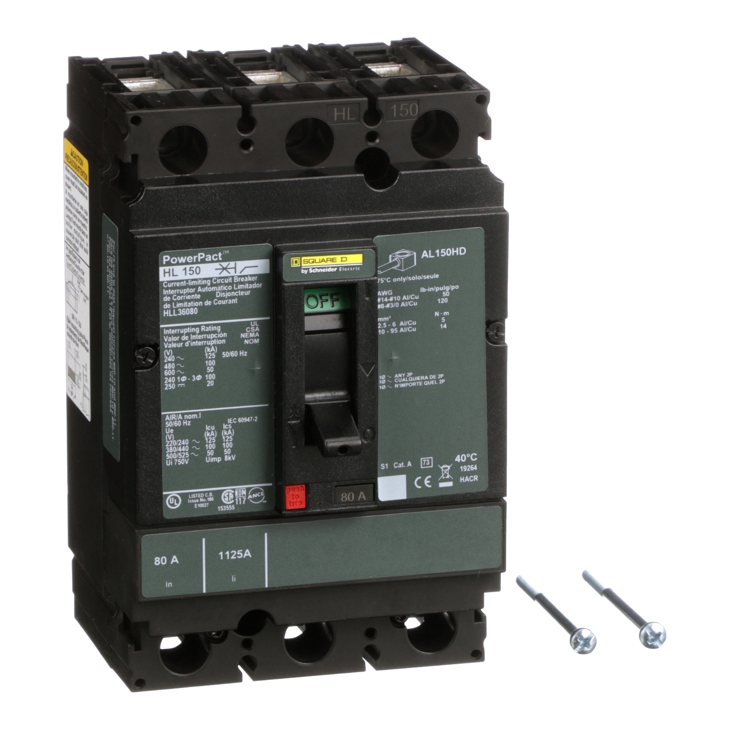 Circuit breaker, PowerPacT H, 80A, 3 pole, 600VAC, 50kA, lugs, thermal magnetic, 80%