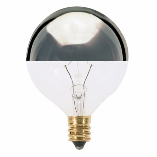 Incandescent Globe Lamp, Designation: 25G16 1/2/SL, 120 V, 25 WTT, G16 1/2 Shape, E12 Candelabra Base, Silver Crown, CC-2V Filament, 1500 HR, Lumens: 232 LM Initial, 3 IN Length, 2-1/16 IN Diameter