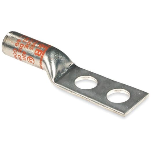 Copper Two-Hole High Voltage Lug, Long Barrel, Blind End, Max 15kV, Wire Size 3/0 AWG, 1/2 Inch Bolt Size, 1-3/4 Inch Hole Spacing, Tin Plated, Die Code 49R, Die Color Code Orange Rounding