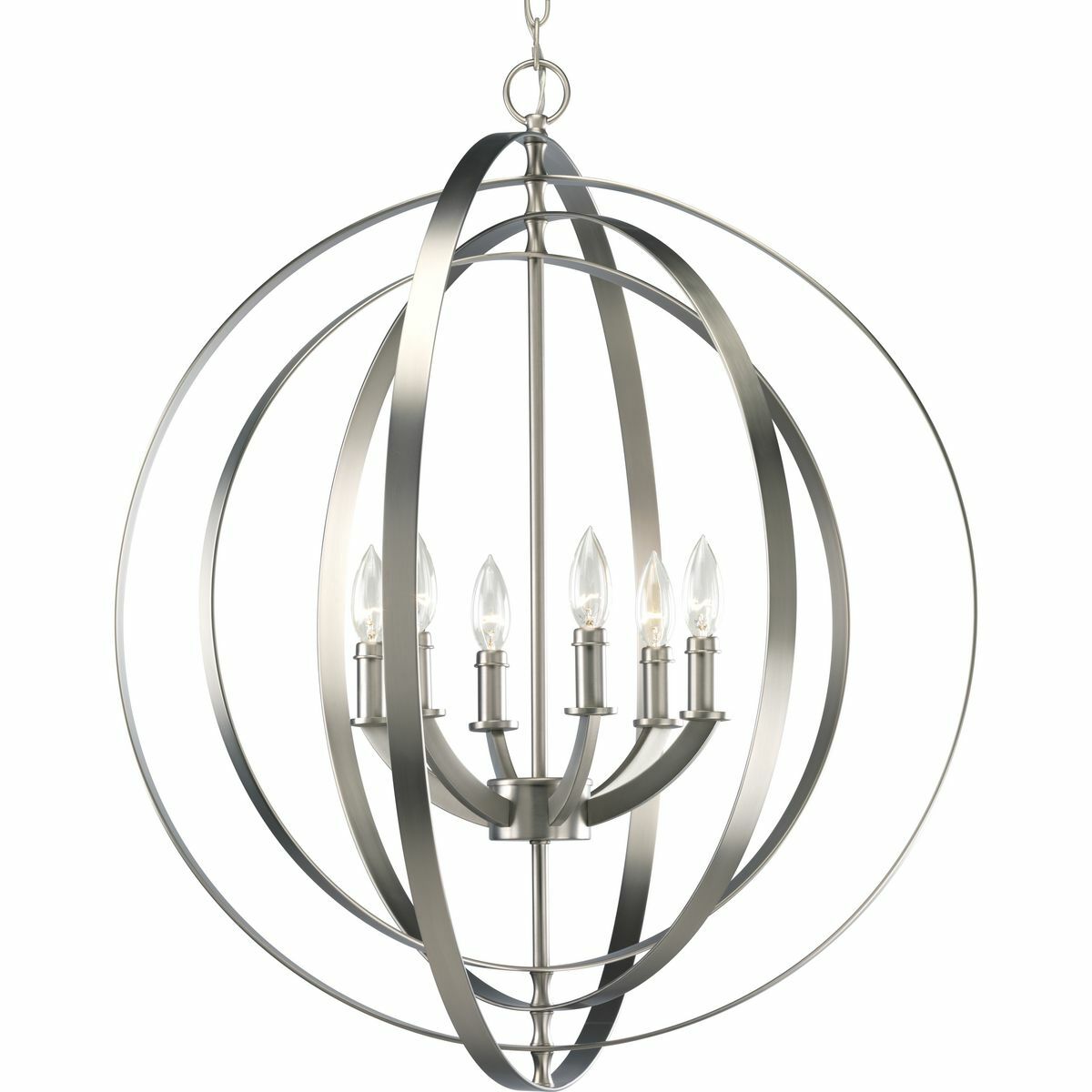 Inspired by ancient astronomy armillary spheres, the interlocking rings pivot for an infinite variety of positions. Six-light chandelier pendant in Burnished Silver is ideal for installations over a farmhouse table, dining room setting or kitchen island.