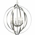 Inspired by ancient astronomy armillary spheres, the interlocking rings pivot for an infinite variety of positions. Six-light chandelier pendant in Burnished Silver is ideal for installations over a farmhouse table, dining room setting or kitchen island.