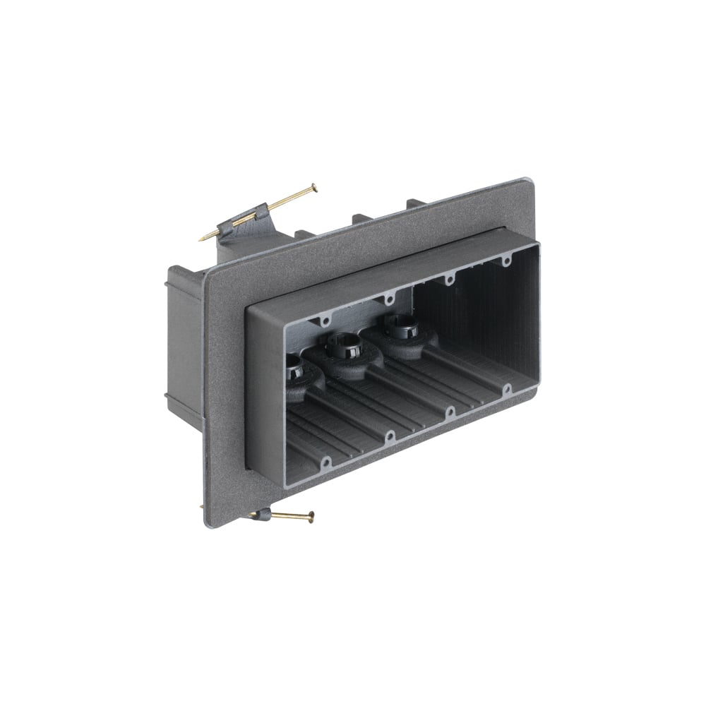 Versatile non conductive outlet box for new construction, four gang nail on for double drywall. 103.5 cu inches.