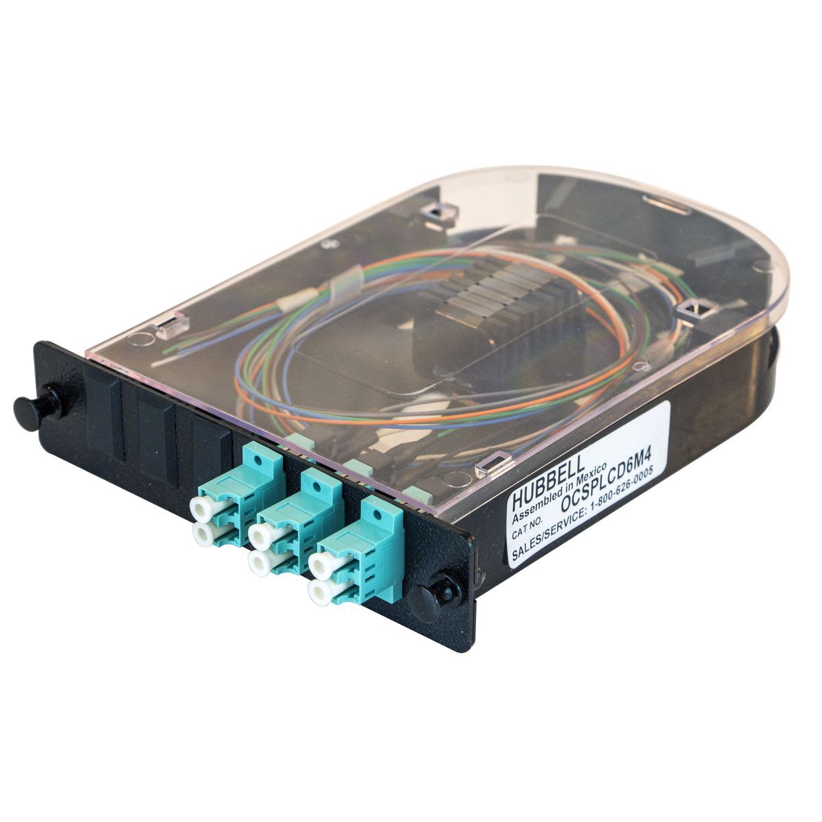 Fiber Splice Cassette with Adapter Panel and Pigtails Included, 6 Fibers, Aqua LC Duplex Adapters with Zirconia Ceramic Sleeves, OM4/OM3 Fiber.