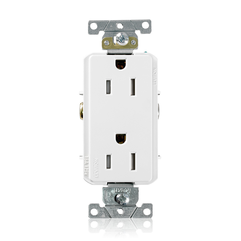15 Amp, 125 Volt, Decora Plus Duplex Receptacle, Straight Blade, Tamper Resistant, Commercial Grade, Self Grounding, White