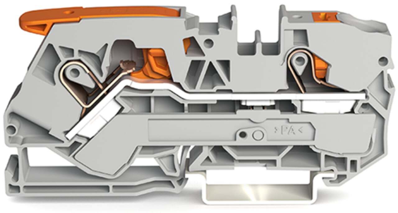 2-conductor through terminal block; with lever and push-button; 10 mm; with test port; side and center marking; for DIN-rail 35 x 15 and 35 x 7.5; Push-in CAGE CLAMP; 10,00 mm; gray