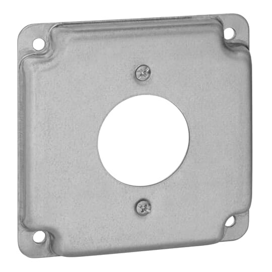 Square Box Surface Cover, 5 Cubic Inches, 4 Inch Square x 1/2 Inch Deep, 1-19/32 Inch Diameter Hole, Galvanized Steel, For use with One 4-Wire Twist-Lock Single Receptacle