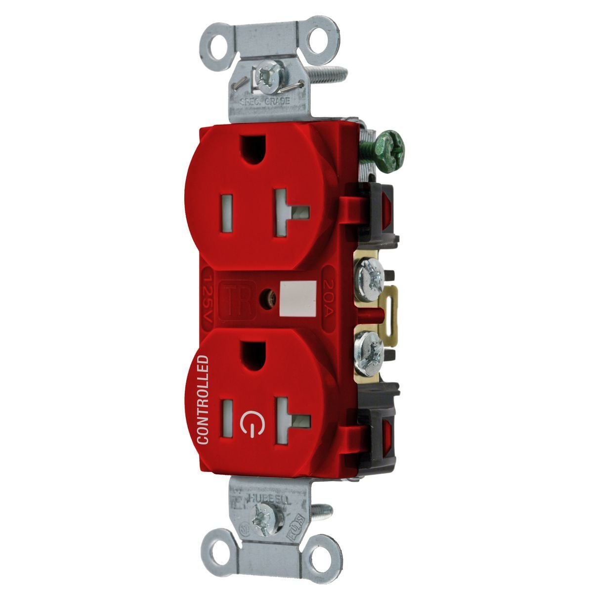 Straight Blade Devices, Receptacles, Duplex, 1/2 Load Controlled, 20A 125V, 2-Pole 3-Wire Grounding, 5-20R, Back and Side Wired, Red