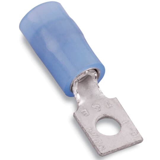 Nylon Insulated Rectangular Ring Terminal, Length 1.015 Inches, Width .237 Inches, Bolt Hole #6, Wire Range #16-#14 AWG, Color Blue, Copper, Tin Plated
