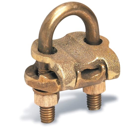 U-Bolt Copper Ground Clamp, Stainless Steel U-Bolt, Wire Range 2/0 - 250, Rod Size 3 to 3-1/2 Inches, IPS Pipe Size Max 3 Inches, Length 5-9/16 Inches, Width 4-13/16 Inches, Depth 1-9/16 Inches