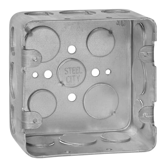 Two-Gang Drawn Style Outlet Box, 30.3 Cubic Inches, 4 Inches Square x 2-1/8 Inches Deep, Welded Construction with 1/2 Inch and 3/4 Inch Eccentric Knockouts and Ground Bump, Pre-Galvanized Steel, For use with Conduit
