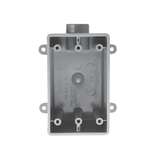 3/4 Inch Single gang FDE deep device box for dead-end terminations where large devices or additional wiring capacity is reqired. CSA Certified. UL Listed. Ground lug included. Integral mounting feet provide easy mounting. Volume Cubic Inches 25