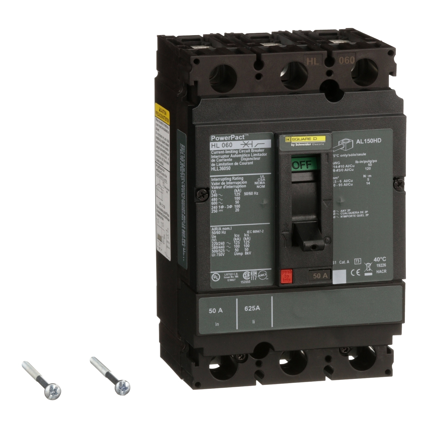 Circuit breaker, PowerPacT H, 50A, 3 pole, 600VAC, 50kA, lugs, thermal magnetic, 80%