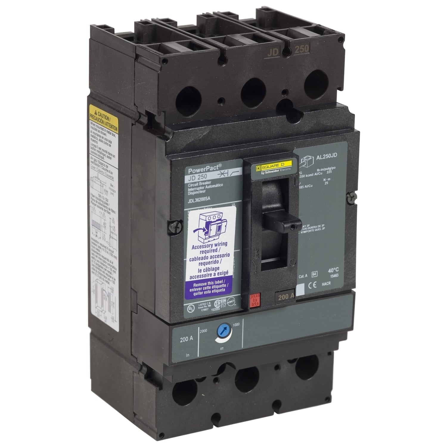 Circuit breaker, PowerPacT J, 150A, 3 pole, 600VAC, 14kA, lugs, thermal magnetic, 80%, shunt