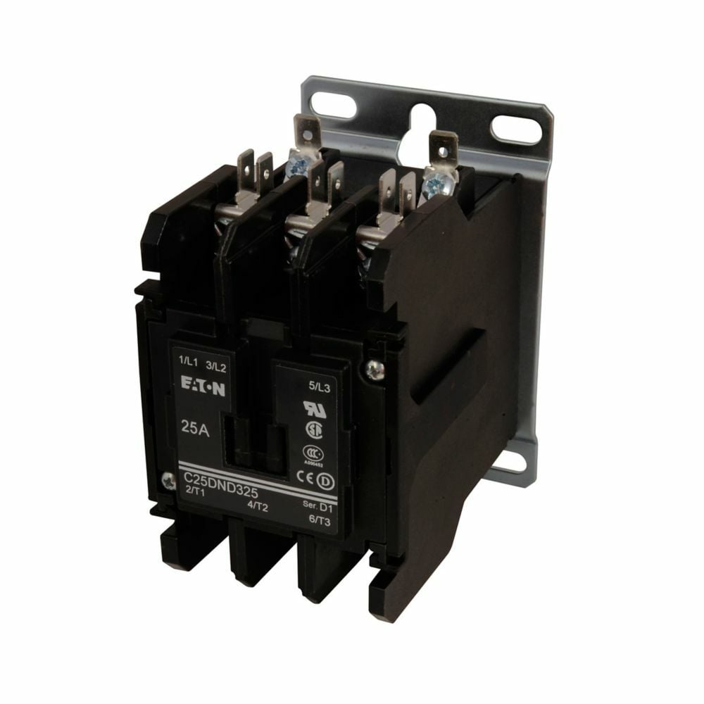 Eaton definite purpose contactor, Quick, 15A, 440-480 Vac, 50/60 Hz, Open with metal mounting plate, 15-50A, two- and three-pole, 15A, Contactor, Three-pole, 20A, Screw/pressure plate and quick connect terminals (side-by-side),Non-reversing