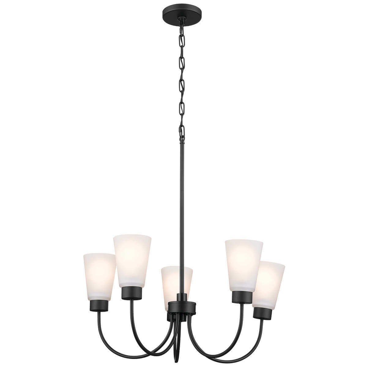 The Erma 24" 5 Light Chandelier is beautifully versatile. Install it facing up or down to get the look you want. Satin Etched Glass shades pair with our  Black finish to elevate your kitchen or dining room in classic refinement.