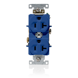 20 Amp, 125 Volt, NEMA 5-20R, 2P, 3W, Duplex Receptacle, Indented Face, Straight Blade, Fed Spec, Heavy Duty Industrial Specification Grade, Self-Grounding, Back & Side Wired, Steel Strap  BLUE