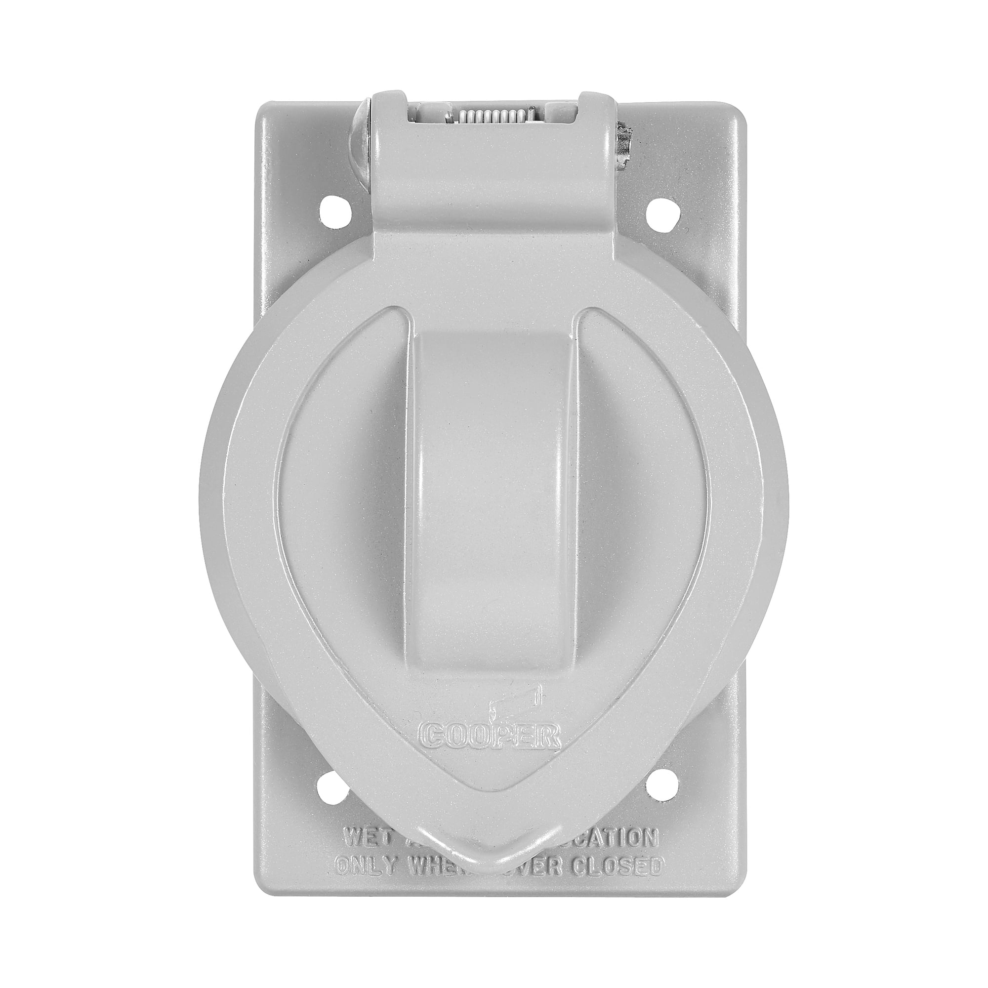 Eaton die cast aluminum receptacle cover, Self-closing, 1.38-1.56" face diameter, Surface mount, Gray, Standard receptacle, Wet, Die-cast aluminum, Single-gang, Vertical