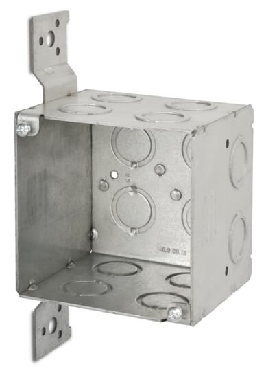 Square Box, 46.0 Cubic Inches, 4 Inch Square x 3-1/2 Inch Deep, 1/2 Inch and 3/4 Inch Eccentric Knockouts, Pre-Galvanized Steel, Welded Construction, with CV Side Bracket, For use with Conduit