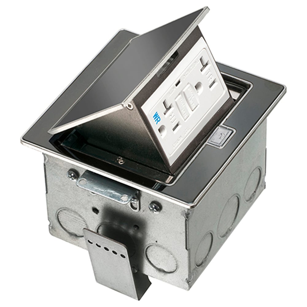 Square Stainless steel counter top box. Comes with a 20 amp tamper resistant decorator style GFCI receptacle. Color Black.