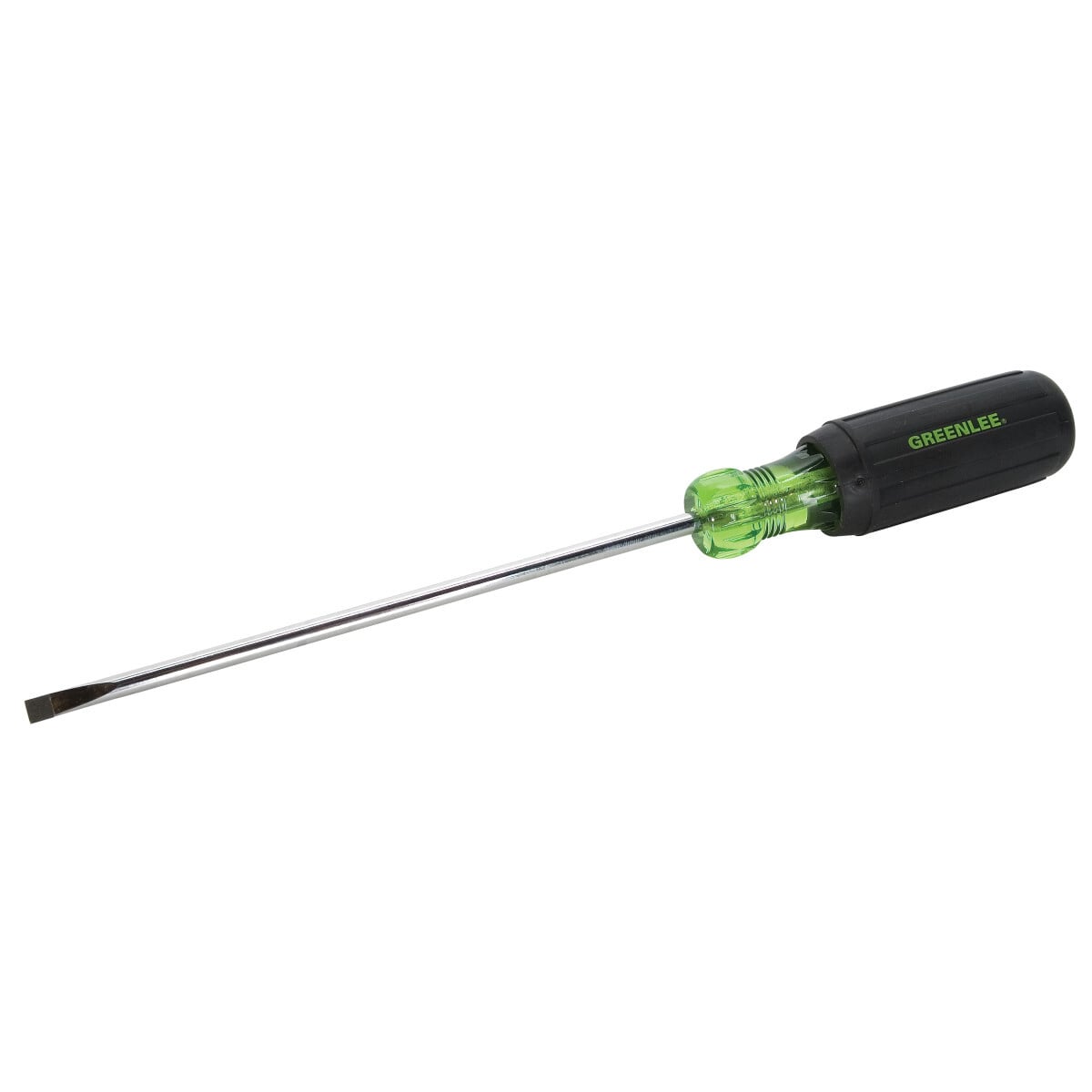 Heavy-Duty Cabinet Tip Screwdriver.  3/16" round shank x 6" flat blade screwdriver.  Narrow cabinet tip for limited access applications.  Handle marked for easy identification of screwdriver size, type and length.  Precision-machined tips for accurate fastener contact.  Strong, durable black phosphate tips prevent chipping of plating.  Soft, cushioned grip for extra comfort and torque.  Exceeds ASME/ANSI specifications.  Lifetime limited warranty.  Note: This is not an insulated tool.