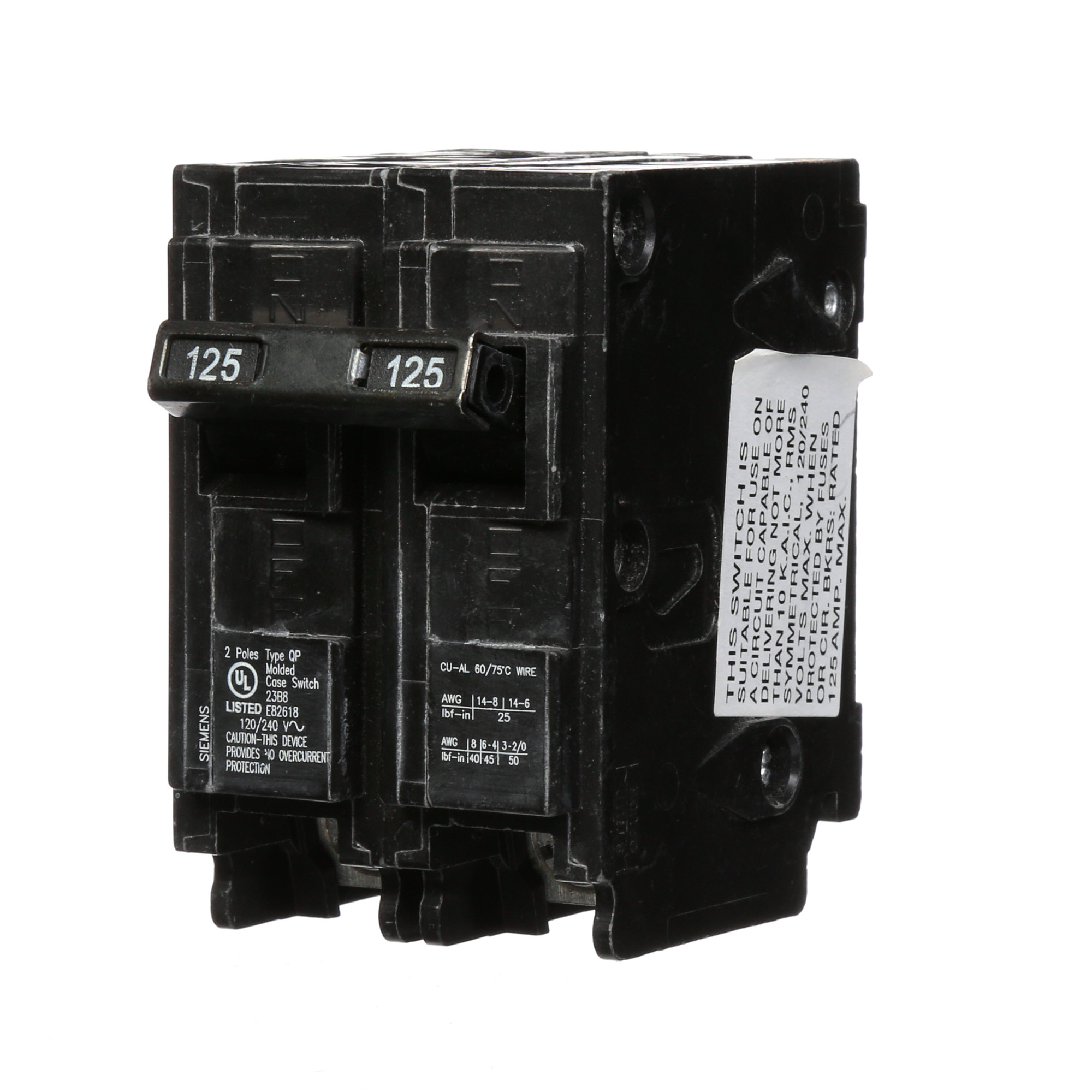  Low Voltage Residential Circuit Breakers Miniature Thermal Mag Circuit Breakers - Type QP/MP, 2-Pole, 120/240VAC are Circuit Protection Load Center Mains, Feeders, and Miniature Circuit Breakers. Type QP/MP Special Features Non-Automatic Switch Application Electrical Distribution Standard UL 489 Voltage Rating120/240V Amperage Rating 125A Trip Range Thermal Magnetic Interrupt Rating 10 AIC Number Of Poles 2P