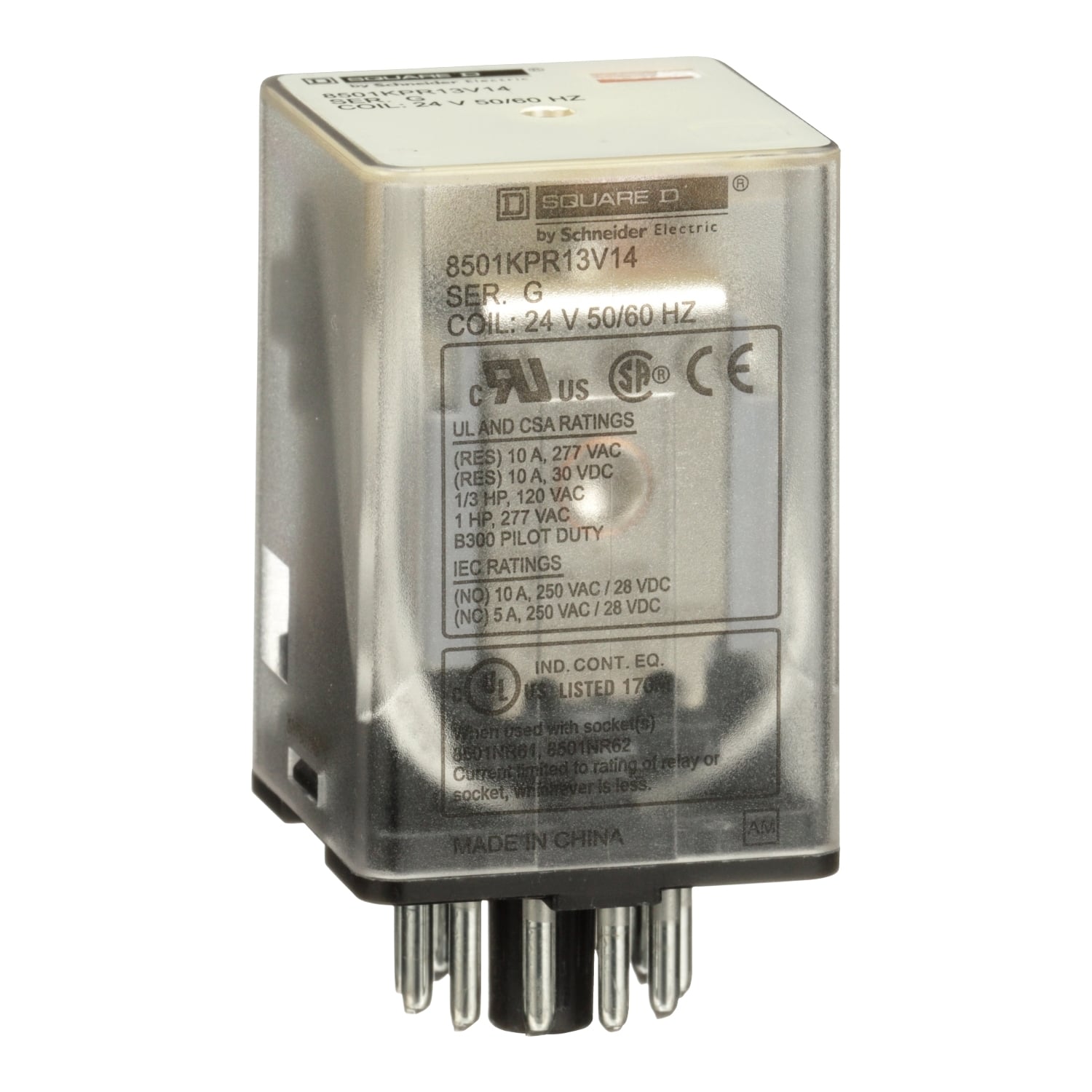 Plug in relay, Type KP, tubular, 1 HP at 277 VAC, 10A resistive at 120 VAC, 11 pin, 3PDT, 3 NO, 3 NC, 24 VAC coil