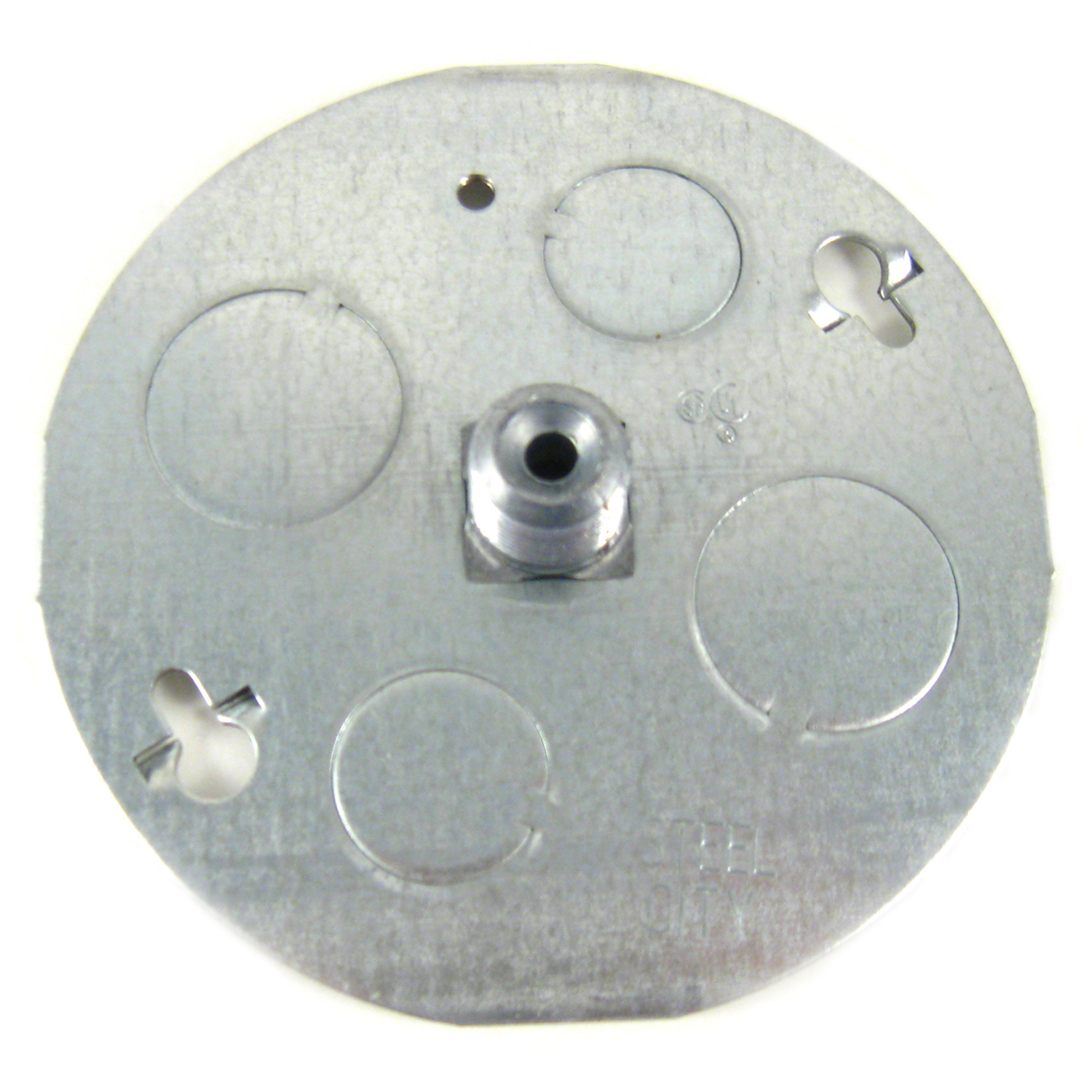 Concrete Box Cover Plate, 4 Inches, 3-1/2 Inch and 2-3/4 Inch Knockouts, Pre-Galvanized Steel, 3/8 Inch Fixture Stud and Thread Size 3/8-18NPS