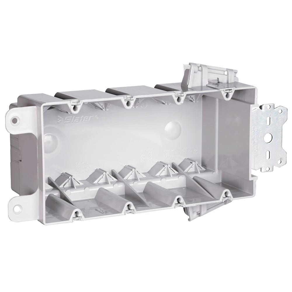 FourGang, Wood and Steel Stud Bracket Box with Quick/Click. 3/8 offset for wood and steel stud mounting. Rear stabilizing bar virtually eliminates inward movement. Six Auto/Clamps at each end. For use with 3/8 to 5/8 wallboard. 25 pack.