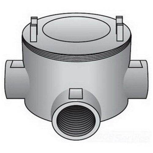 OZ-Gedney Type GUAT Conduit Outlet Box, Number Of Outlet: 3, Malleable Iron Body/Cover, Size: 3/4 IN, Cable Entry: (3) 3/4 IN Hubs, 15 CU-IN Capacity, No, 3 IN Cover Opening, Finish: Zinc Electroplated With Aluminum Enamel, 3-5/8 IN Width, 2-1/8