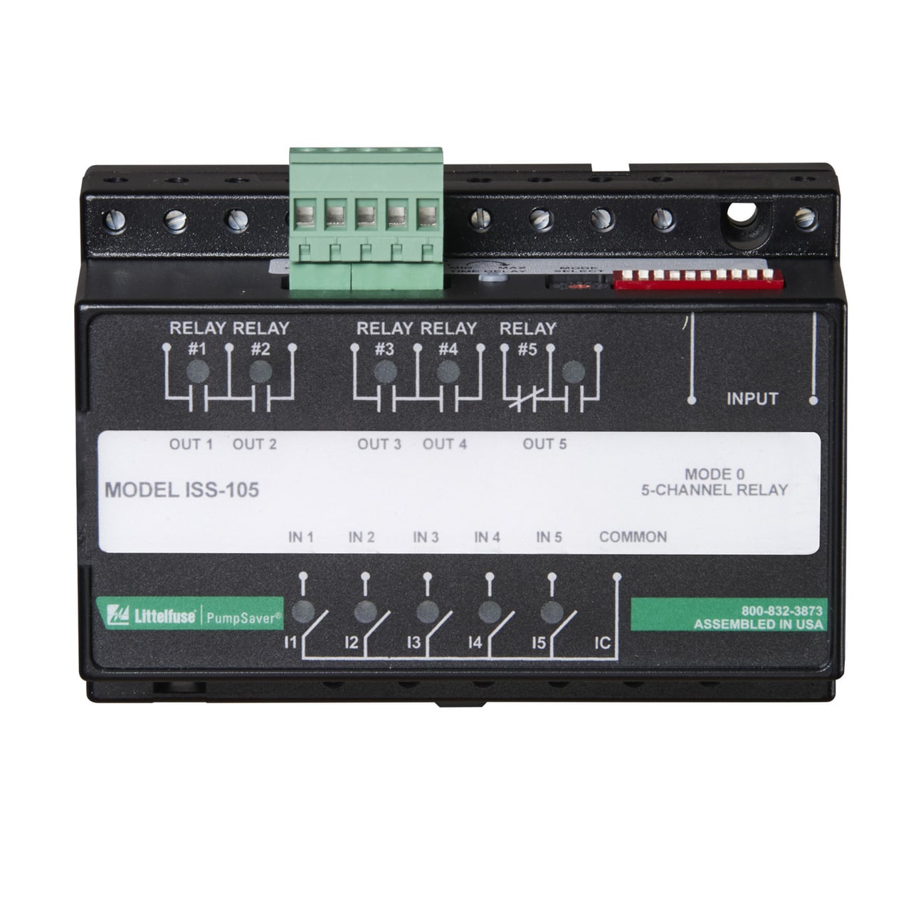 The ISS-105 is a smart five-channel intrinsically safe relay and pump controller. The ISS-105 can be configured for a wide variety of applications including alternating or non-alternating duplex, duplex separate pump stop (SPS), triplex and quadplex applications. It can be set up for pump-up or pump-down applications or can be used as a five-channel relay. The ISS-105 has a long list of features that are needed for multiple pump applications. The ISS-105 can indicate low, high and out-of-sequence alarms. If an out-of-sequence alarm occurs, the skipped pump(s) will be started as intended. The Model ISS-105 can be set up to do non-alternating control, alternating control and alternating control with one non-alternating pump. The non-alternating pump is intended for use with an emergency or jockey pump. The ISS-105 can start an emergency pump once every 50 cycles to keep it working freely. Using the built-in DIP switches, individual pumps can be disabled when taken out of service for repair or maintenance.