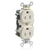 15 Amp, 125 Volt, Narrow Body Duplex Receptacle, Straight Blade, Fed Commercial Grade, Lev-Lok, Self Grounding, Light Almond