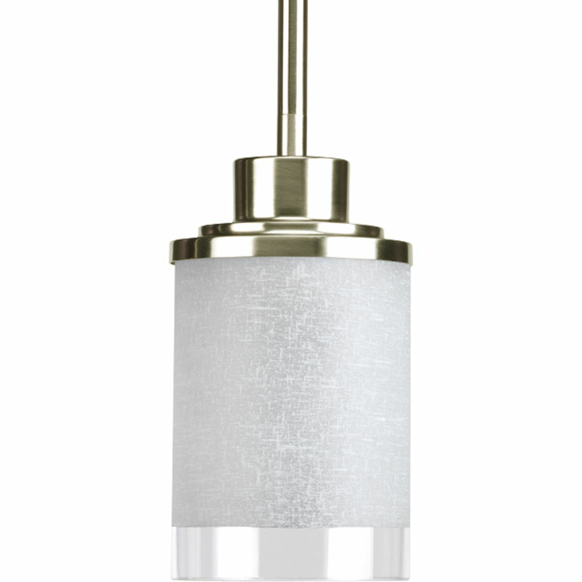 One-light mini-pendant with white linen finished glass is complemented with a crisp, clear edge accent strip. This collection offers the best of traditional and modern highlight with a Brushed Nickel finish.