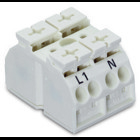 4-conductor chassis-mount terminal strip; suitable for Ex e II applications; 2-pole; L1-N; without ground contact; for self-tapping screw 2.9 mm Ø from bellow; with 2x pin; 4 mm²; 4,00 mm²; white