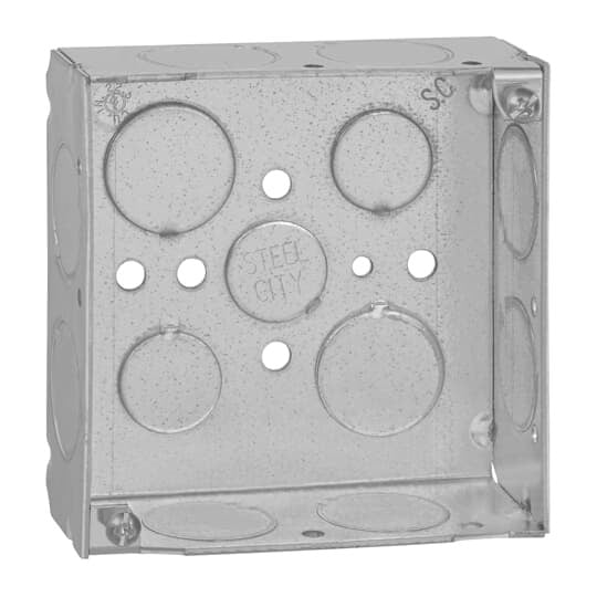Square Box, 21 Cubic Inches, 4 Inch Square x 1-1/2 Inch Deep, 3/4 Inch Knockouts, Galvanized Steel, Welded Construction, For use with Conduit