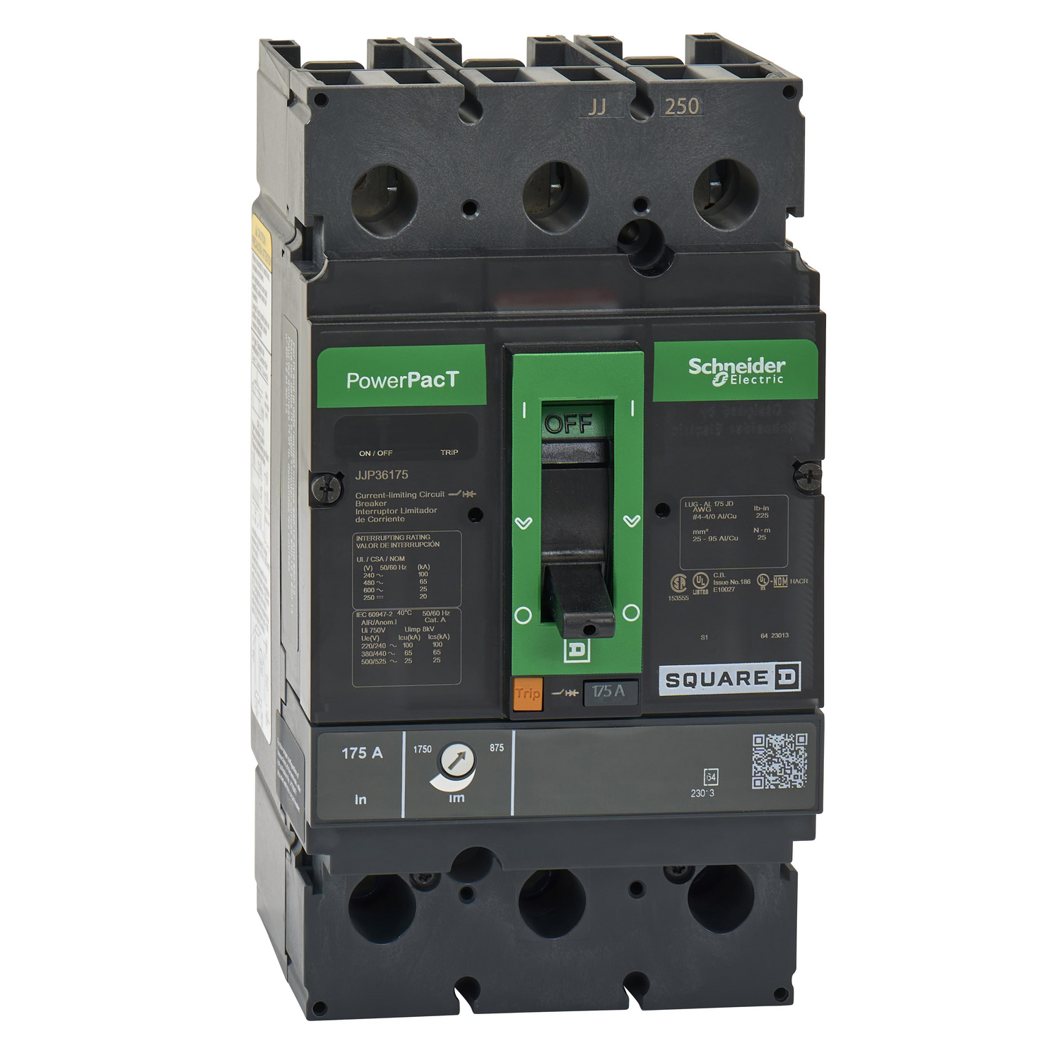 Circuit breaker, PowerPacT J, 175A, 3 pole, 600VAC, 25kA, lugs, thermal magnetic, 80%