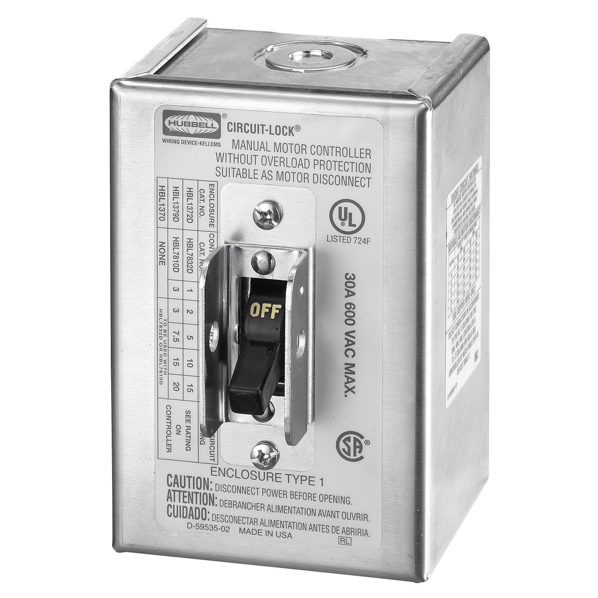 Circuit-Lock NEMA 1 Enclosure Toggle Switch Disconnect, 2-Pole, 30A 600V AC, Aluminum