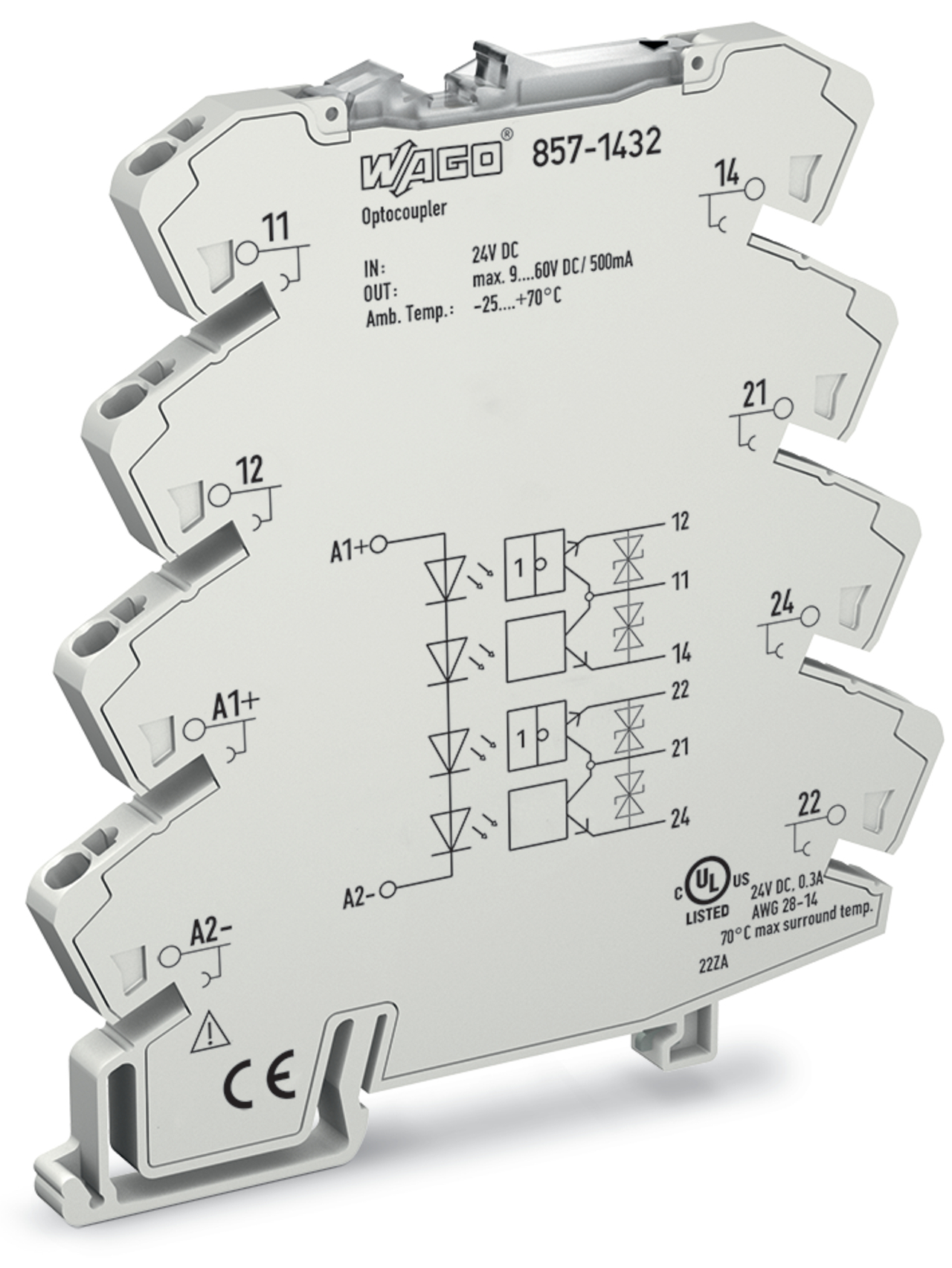 Optocoupler module; 2-port; Nominal input voltage: 24 VDC; Output voltage range: 9  60 VDC; Limiting continuous current: 0.5 A; 2 changeover contacts; Yellow status indicator; Module width: 6 mm; light gray