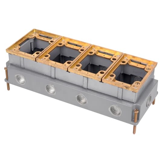 Four Gang Flush Service Floor Box, 148 Cubic Inches, Length 5-1/2 Inches, Width 12-15/16 Inches, Depth 3-5/8 Inches, 3/4 Inch Conduit Hubs, Cast Iron