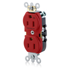 Duplex Receptacle Narrow Body Design. 2-pole 3-wire. Nema 5-15R. 15A-125V. Flat Face. Back And Sidewired. Industrial Spec Grade, Self Grounding Hot Terminal Split W/1 Plug Controlled Markings - Red