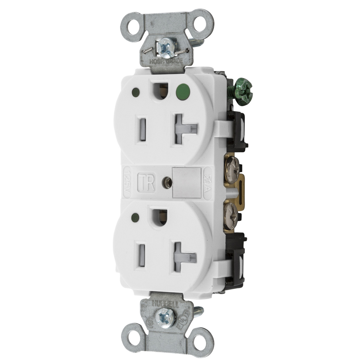 Straight Blade Devices, Tamper Resistant Duplex Receptacle, Hospital Grade, Hubbell-Pro, LED Indicator, 20A 125V, 2-Pole 3-Wire Grounding, 5-20R, White