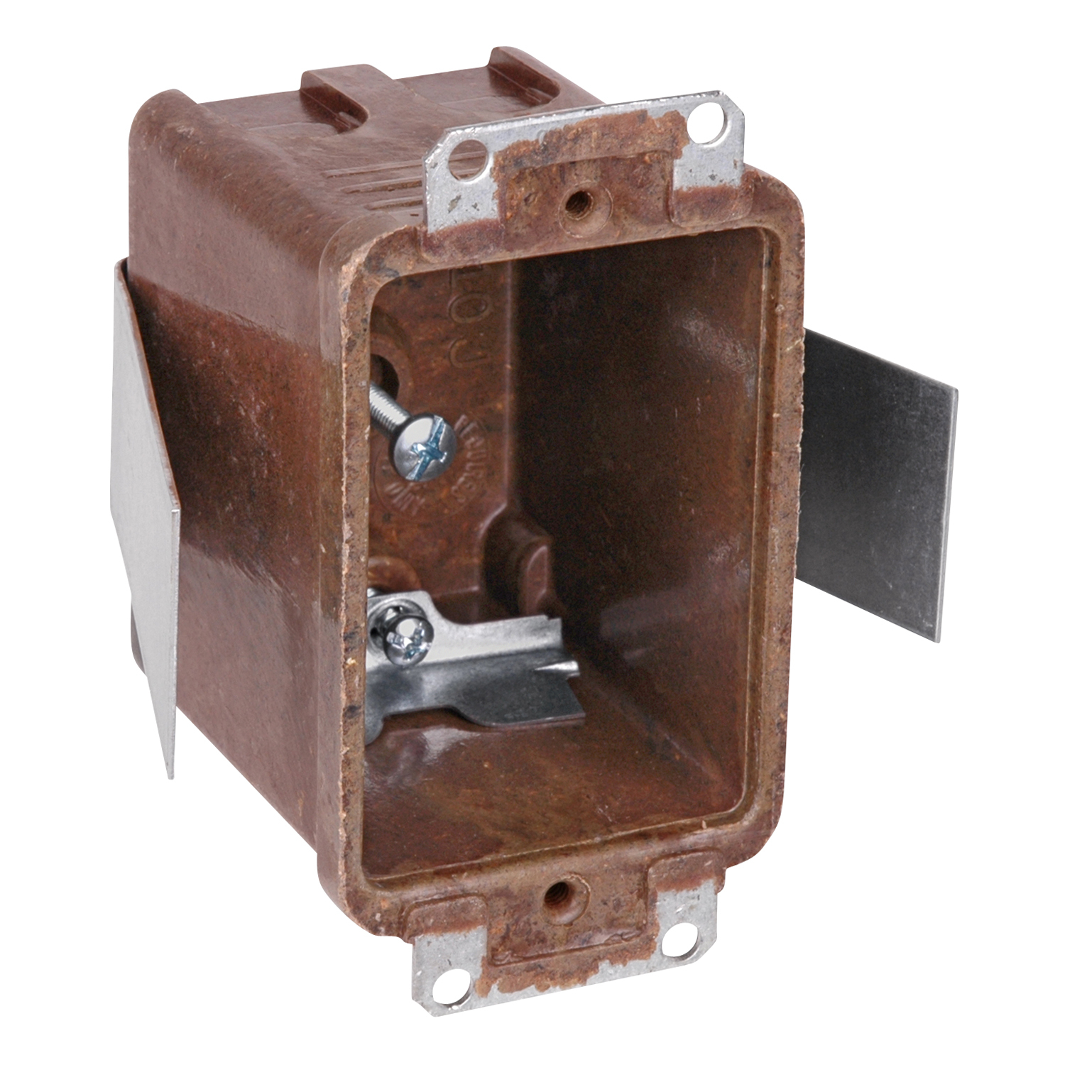 One-Gang Bracket Outlet Box, Volume 12.5 Cubic Inches, Length 3-1/4 Inches, Width 2-3/16 Inches, Depth 2-11/16 Inches, Color Brown, Material Phenolic, Mounting Means Ears and #8 Snap-In Bracket, with High Clamps